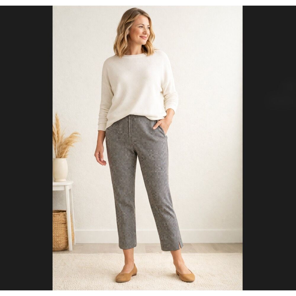 J Jill Bi-Stretch Crop Pants Women's 10 Houndstooth Pull On Ponte Pockets Cotton